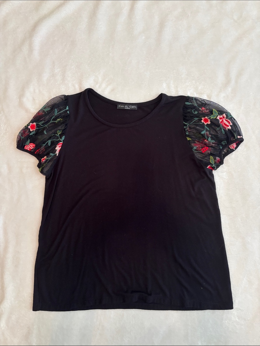 Kim & Cami Black Tee with Floral Embroidered Puff Sleeves